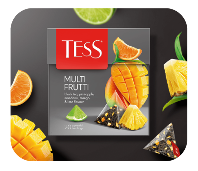 Черный чай с ароматом ананаса, мандарина, манго и лайма TESS Multi Frutti в пирамидках 20шт фото