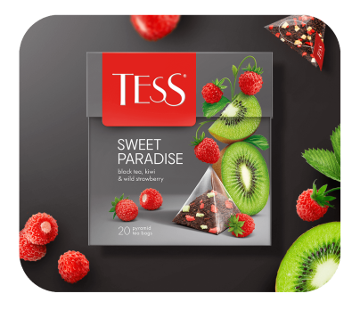 Черный чай с ароматом земляники и киви с растительными компонентами TESS Sweet Paradise в пирамидках 20шт фото